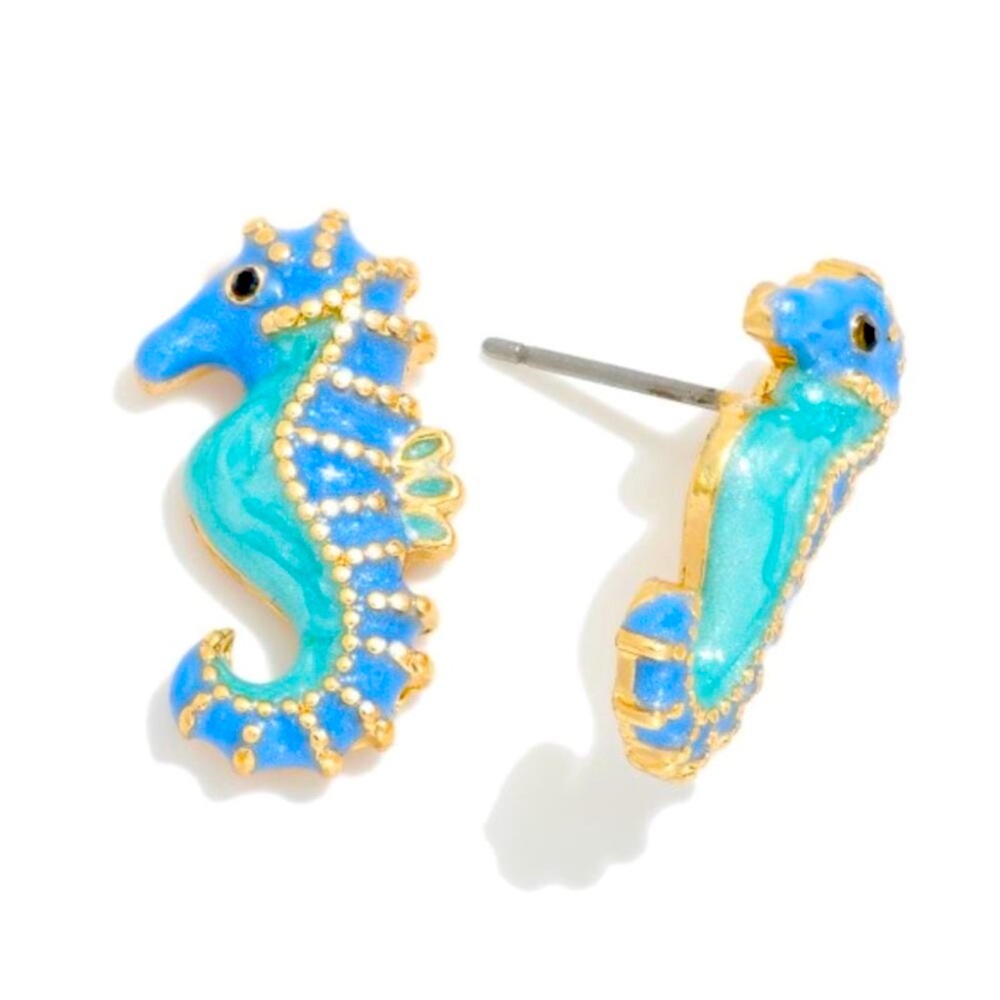 Glitter Enamel Sea Horse Large Stud Earrings *Blue*